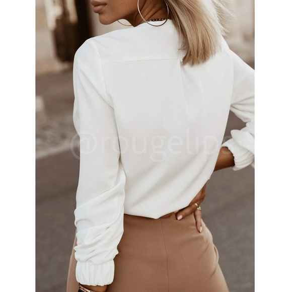 White Hidden Button Down Short Long Sleeve Pleated Details - Picture 4 of 12